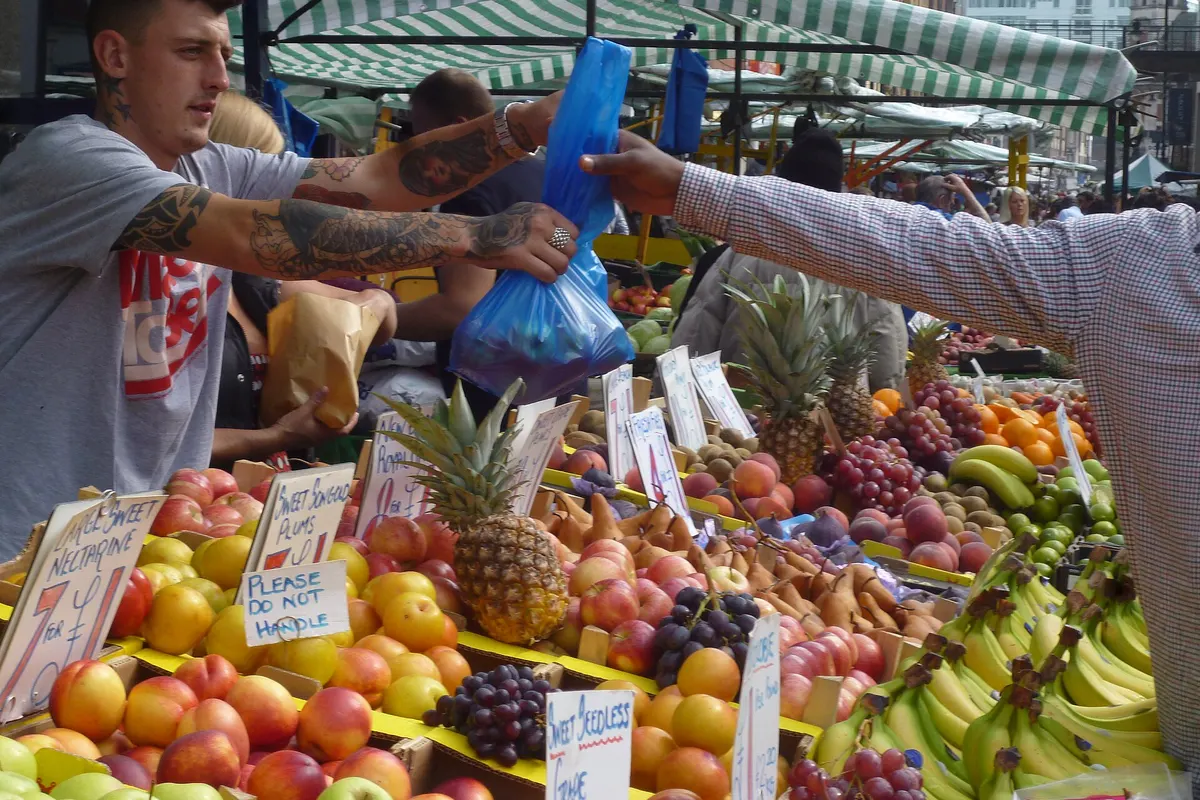 A fruit and vegetable stall trading at Surrey Street Market, Croydon